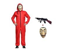 Anxicer Costume de carnaval, combinaison de voleur de banque pour Halloween, cosplay, rouge, à manches longues avec capuche, masque et mitrailleuse, taille adulte XXL : 185 à 190 cm de hauteur