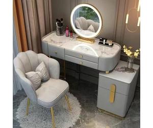 AnYaBinni Coiffeuse avec LED Miroir, Éclairage LED Réglable 3 Couleurs, Table de Maquillage avec 5 Tiroirs en Bois et Chaise en Velours pour Chambre, Mondeer Style, L:80/100 CM