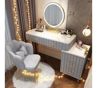AnYaBinni Coiffeuse avec Miroir et Éclairage, 3 Couleurs,Luminosité Réglable, Table de Maquillage avec 5 Espace de Rangement Tiroirs en Bois Massif Grand, Chaise en Velours, 80/100 * 40 * 76 CM