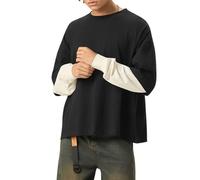 Anybird Unisexe Patchwork Manches Longues T Shirt Faux Deux Pièces Coton Col Ras du Cou Casual Workout Sweatshirt,Black 2,S
