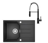 ANYCEE 65x45 cm Evier Granit Noir avec Robinet, Evier Noir avec Égouttoir pour Meuble Bas à Partir de 40 cm, Évier Cuisine Granit avec 80% de Sable de Quartz, Siphon et plus