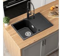 ANYCEE 65x45CM Evier Cuisine 1 Bac avec Égouttoir, Évier Noir en Granit pour Meuble Bas à Partir de 40CM, Evier Granit 1 Bac avec 80% de Sable de Quartz, Siphon et Trop-Plein