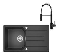 ANYCEE 78x45 cm Evier Granit Noir avec Robinet, Evier Noir avec Égouttoir pour Meuble Bas à Partir de 45 cm, Évier Cuisine Granit avec 80% de Sable de Quartz, Siphon et plus