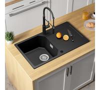 ANYCEE 78x45CM Evier Noir 1 Bac avec Égouttoir, Evier Granit Noir pour Meuble Bas à Partir de 45CM, Évier Cuisine 1 Bac avec 80% de Sable de Quartz, Siphon et Trop-Plein