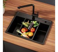 ANYCEE Évier de Cuisine 1 Bac en Granit Noir 60 x 46 cm, avec égouttoir, 80% Sable Quartz Résistant à l'usure et aux chocs, Évier Cuisine Installation Réversible, avec Kit de Vidage