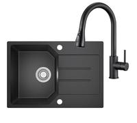 ANYCEE Granit Évier Noir 65x45 cm, Évier Cuisine 1 Bac avec Robinet Cuisine avec Douchette, Encastrable avec Siphon pour et Trop-Plein, Meubles Bas à Partir 40 cm Largeur