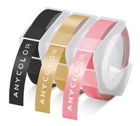 Anycolor Ruban de Marquage 3D 9 mm x 3 m Compatible Pour Dymo S0717930 Omega et Dymo S0717900 Junior, Blanc sur Noir/Or/Rose, Remplacer pour Junior Omega E-101 E-303 Embossing