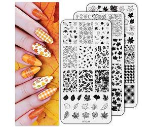 AnyDesign Kit de 3 plaques de stamping pour nail art,Feuilles d'érable assorties,Collection de bénédictions d'automne,Impression à faire soi-même,Salon de manucure