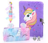 Anyfirst Licorne Journal Intime Fille en Peluche avec Clé et Cadenas, Set de A5 Carnet Secret Fille en Peluche, Journal Intime comme Cadeau Licorne Fille 5-12 Ans, Violet