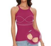 ANYFITTING Femmes Camisole Tops avec Soutien-Gorge Intégré U-Neck Débardeurs Coupe Slim Bretelles Spaghetti Camisole Dos Nu sans Manches de Base Débardeur Été Haut Côtelé Rose Rouge S