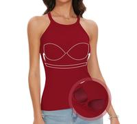 ANYFITTING Femmes Camisole Tops avec Soutien-Gorge Intégré U-Neck Débardeurs Coupe Slim Bretelles Spaghetti Camisole Dos Nu sans Manches de Base Débardeur Été Haut Vin Rouge Côtelé L