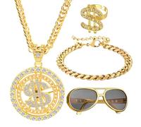 Anyingkai Kit de costume hip hop rappeur,Accessoires de Rappeur des Années 80/90,Lunette disco annee 80,Accessoires soirée disco homme,Accessoires disco homme annee 80,Signe de Dollar Collier (4A)