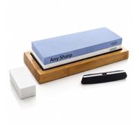 AnySharp Kit d’aiguisage XL avec pierre à aiguiser, pierre double face grain 1000/6000 avec base en bambou antidérapante, guide d’angle et pierre d’aplanissement pour couteaux de cuisine