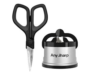 AnySharp Pack Aiguiseur & Mini Ciseaux | Ventouse PowerGrip, Compact | Acier Trempé, Argent/Noir