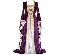 AnyuA Femmes Robe Medievale Manches Flares Vintage Deguisement avec Broderie Floor Length Violet 3XL