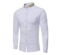 AnyuA Homme Chemise Col Mao Slim Fit Élégante Impression Broderie Manches Longues Blanc S