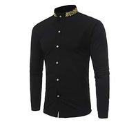 AnyuA Homme Chemise Col Mao Slim Fit Élégante Impression Broderie Manches Longues Noir S