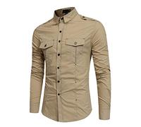 AnyuA Homme Chemise de Travail Ajustée à Manches Longues Deux Poches de Poitrine Kaki M
