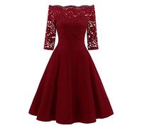 AnyuA Robes Soirée Dentelle Épaules Dénudées Femme Vintage Retro Robe Col Bateau Manches 1/2 Robe Taille Haute Vin Rouge XL