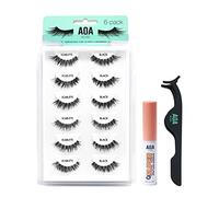 AOA STUDIO AOA Studio Lot de 6 paires de faux cils écarlates naturels faits à la main avec colle et pince à épiler - Volume naturel - Réutilisables - Faux cils doux - 100 % faits à la main