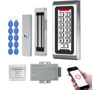 AOAMZ Système de Contrôle d’Accès WiFi Tuya RFID avec Clavier à Code Métal IP68, Alimentation 12V 3A, Serrure Électromagnétique 180kg (400lbs) Finition Brossée, Bouton de Sortie + 10 Badges EM 125kHz