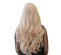 Aoaoy Longue Perruque Bouclée avec Frange Femme or Longue Perruque Bouclée à Haute Température Cosplay Fête des Synthétiques élégantes 71cm