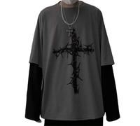 Aobiono Chemise gothique Y2K pour homme et femme Emo Grunge Alt Vintage Cross graphique à manches longues T-shirt Dark Academia Harajuku Sweat-shirt (gris, L)