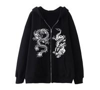 Aobiono Femmes Hommes Y2K Zip Up Oversize Hoodie Gothique Dragon Graphic Emo Grunge Alt Baggy Polaire Veste 90s Punk Streetwear, Noir et blanc, M