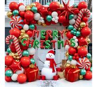 AobkDeco Kit d'arche de ballons de Noël 143 pièces - Bannière Merry Christmas et ballons rouges blancs dorés métallisés en forme de canne verte - Ballons en aluminium - Ballons pour décorations de