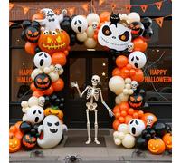 AobkDeco Kit d'arche de ballons d'Halloween 152 pièces - Ballons oranges, blancs et noirs avec citrouille, fantôme et chat noir pour décoration de fête d'Halloween, fournitures de fête sur le thème