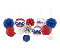 AOBKIAT Lot de 12 décorations patriotiques du 4 juillet en papier de soie rouge blanc bleu avec motif drapeau américain pour commémoration, mur, porte, fenêtre, maison, extérieur, salle de classe,