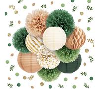 AOBKIAT Lot de 12 lanternes en papier vert olive et pompons pour fête prénatale, fiançailles, anniversaire, fête prénuptiale bohème