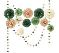 AOBKIAT Lot de 15 pompons en papier de soie vert - Guirlande en papier de soie - Décoration à suspendre pour fiançailles, mariage bohème, fête prénatale