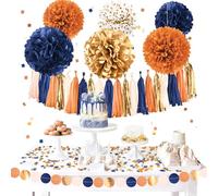 AOBKIAT Lot de 28 pompons en soie orange marine doré - Guirlande en papier - Pompons suspendus - Confettis de table - Pour fête prénatale, fête prénatale, fête nuptiale automne/hiver, décoration