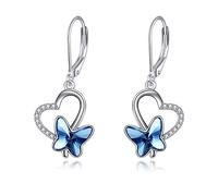AOBOCO Boucles d'oreilles papillon pour femme en argent sterling 925 - En forme de cœur - Avec cristal autrichien - Cadeau d'anniversaire pour femme, fille, femme, petite amie, Argent sterling,