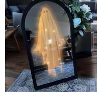 AOBUJDUB Holloween Hologram Ghost Mirror, Décoration Hologramme Éclairante Effrayante, Décoration Halloween Étrange, pour Décor d'halloween(Round Warm Light,50 * 30 * 2.5cm)