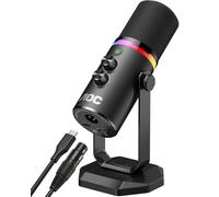 AOC Microphone dynamique, micro de jeu PC avec lumière RVB, micro baladodiffusion USB/XLR pour enregistrement, streaming, voix et chant, avec bouton muet, prise casque 3,5 mm, support de bureau (câble