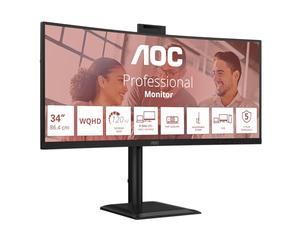 AOC Moniteur Incurvé, CU34E4CW 34 Pouce 120Hz VA Dalle, 4ms GtG, HDR Ready/HDR10, Ajustable en Hauteur, Webcam, Haut-parleurs, USB Hub(3440x1440 HDMI 2X 2.1 TMDS DP 1x 1.4) Noir