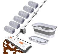 Aocase Grand Ensemble serpillère Plate et Seau, serpillière Plate Auto-essoreuse pour Utilisation Humide et sèche, serpillière rotative à 360°, Long Manche réglable en Acier Inoxydable,Blanc