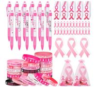 Aodaer Lot de 144 accessoires de lutte contre le cancer du sein - Lot de 24 rubans roses pour cadeaux caritatifs comprenant des bracelets en silicone, des épingles à ruban rose, des stylos, des badges