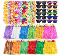 Aodaer Lot de 36 décorations de fête hawaïennes comprenant des jupes hawaïennes, un collier hawaïen Leis Luau et des lunettes de soleil fluo, des guirlandes de fleurs tropicales hawaïennes pour Luau,