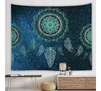 Aodafei Tapisserie Murales Attrape-Rêves Vert,Tenture Psychedelique Tapisserie Mandala Decoration Murale Chambre,Tapis de Mur Plumes Rideau Boho Decoration,150x100 cm