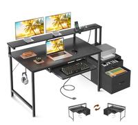 AODK Bureau de jeu de 122 cm avec prises de courant et lumière LED, bureau d'ordinateur réversible avec tiroir en tissu et armoire à fichiers, bureau d'ordinateur avec plateau pour clavier, table avec