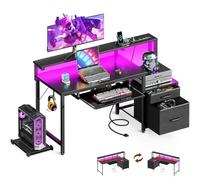 AODK Bureau de jeu de 122 cm avec prises de courant et lumière LED, bureau d'ordinateur réversible avec tiroir en tissu et armoire à fichiers, bureau d'ordinateur avec plateau pour clavier, table avec