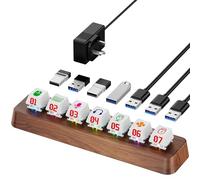 AODUKE Hub USB 3.0 alimenté à 7 ports avec design en bois de noyer, transfert de données 5 Gbit/s, éclairage RVB, extenseur de commutateur de clavier mécanique à 3 broches remplaçable à chaud, station