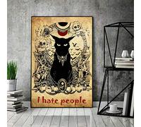 Aoevc Black Cat I Hate People - Affiche vintage d'Halloween avec tête de mort - Décoration murale rétro - Bar Garage - 40,6 x 30,5 cm
