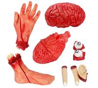 AOFOX Accessoires de Sang 9 Pièces Faux Effrayant Main Coupée Coeur Cerveau Pied Parties du Corps Cassées pour Maison Hantée Halloween Vampire Zombie Articles de Fête