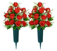 AOFOX Artificial Cemetery Flowers with Vase, Headstone Flowers Rose Bouquet, Graveyard Memorial Flowers for Grave Arrangements Set of 2 (Rouge)