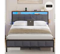 AOGLLATI Lit 160x200 avec Sommier Métal, Lit Double avec Éclairage LED, 4 Ports USB, 2 Étagères Ouvertes, 2 Crochets, 31 cm d’Espace sous Sommier 160x200
