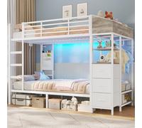 AOGLLATI Lit Superposé Enfant avec Éclairage LED et 4 Ports USB, Lit Mezzanine 2 Places avec 4 Étagères, Tringle, Sac, 3 Tiroirs et 2 Niche en Tissu, Lit Enfant 90x200 en Métal pour Familles Nombreux